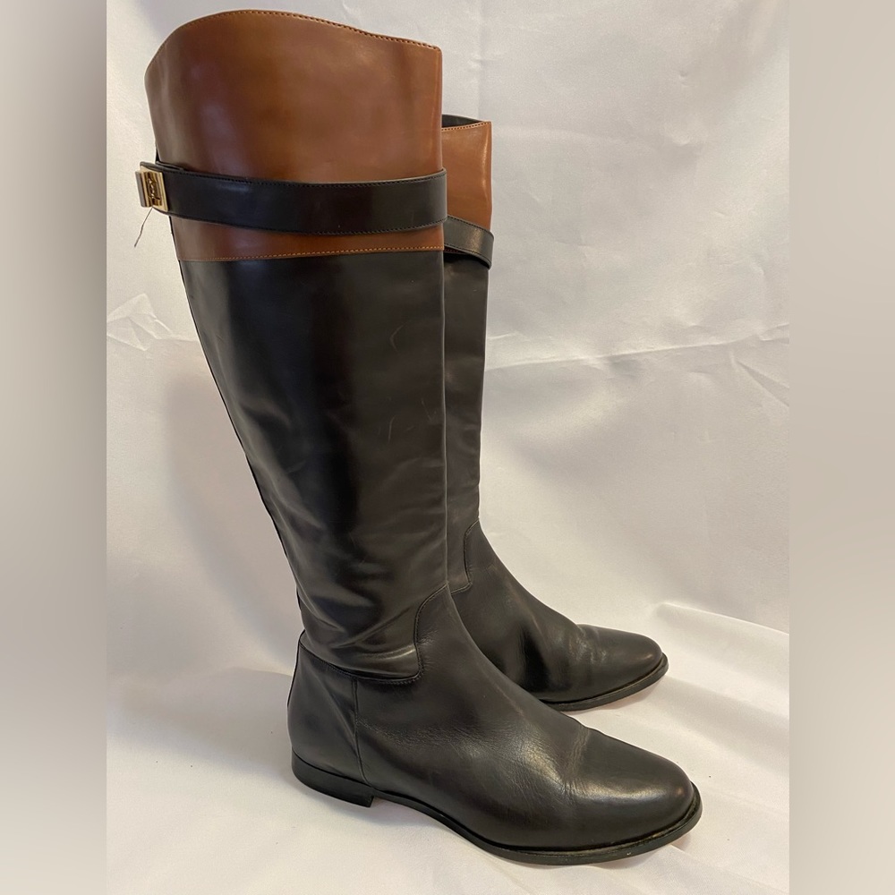 Cole Haan Air Daelin Tall Riding Buckle Boot BlackTan Leather Women’s Size 6